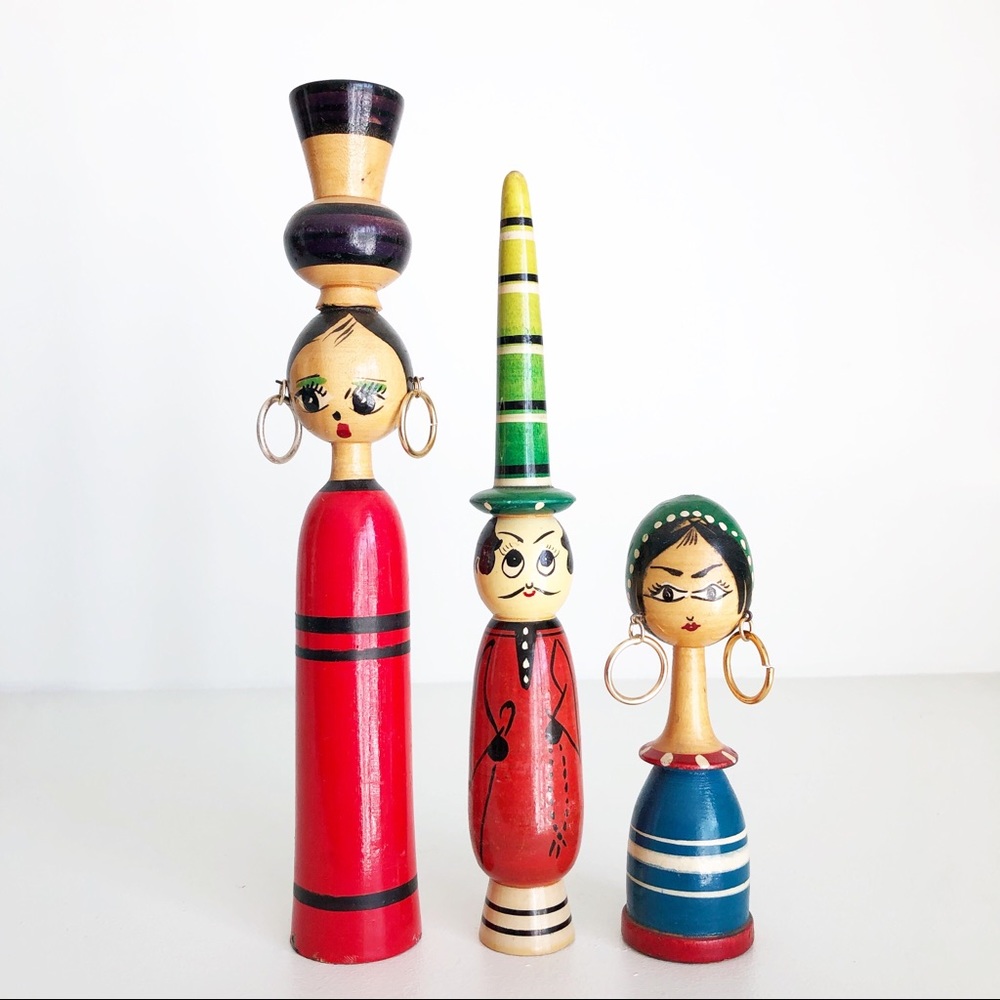 Set of Three Vintage Hand Painted Wooden Dolls